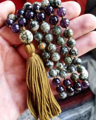 Wāhegurū mantra mala made w/ rhyolite & amethyst